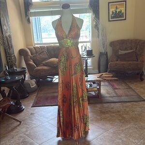 Orange and Green Floral Halter Cocktail Prom Dress